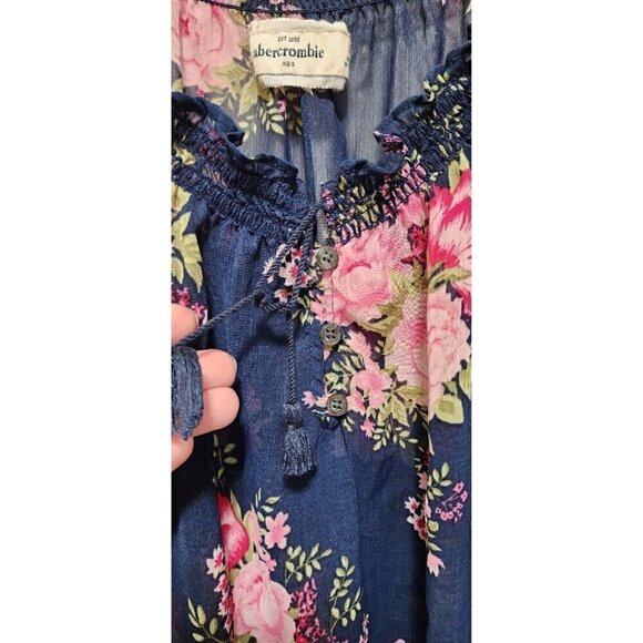 Abercrombie Kids Floral Ruffle Sheer Navy Peasant Blouse Size M - Picture 5 of 9